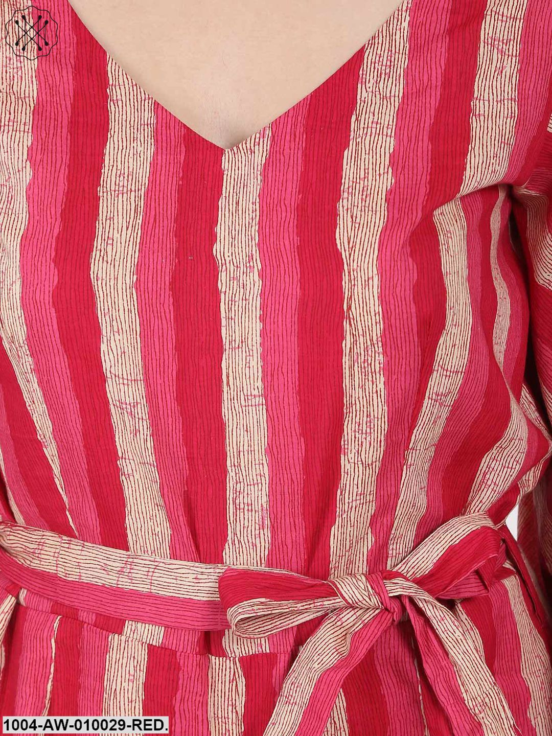 Red Printed 3/4Th Sleeve Cotton Jumpsuit