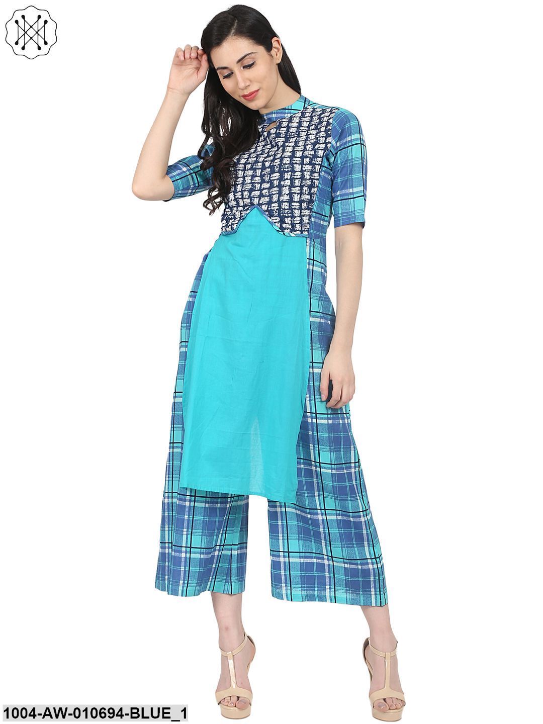 Blue Check Printed Half Sleeve Cotton Jumpsuit