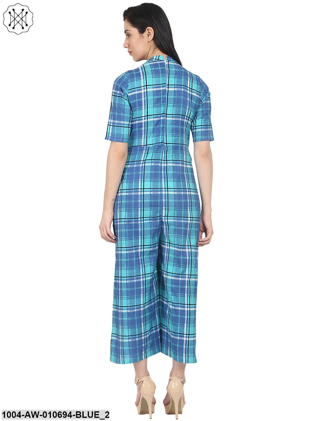 Blue Check Printed Half Sleeve Cotton Jumpsuit