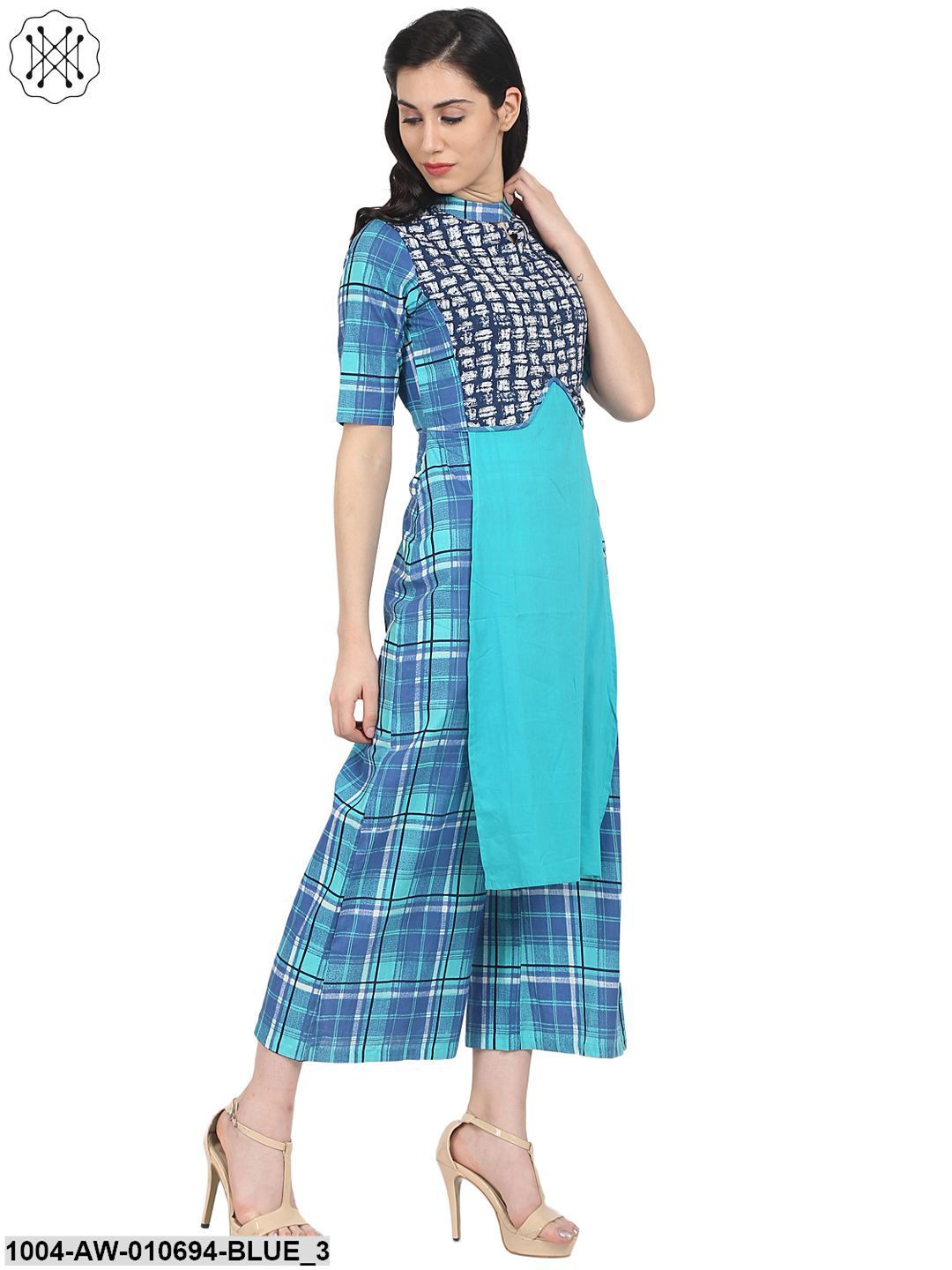 Blue Check Printed Half Sleeve Cotton Jumpsuit