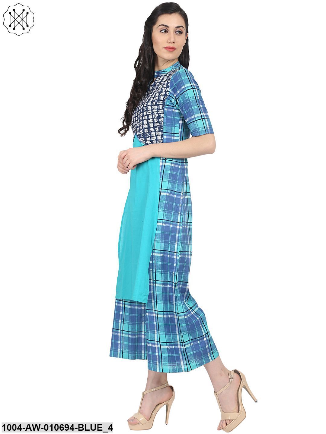 Blue Check Printed Half Sleeve Cotton Jumpsuit