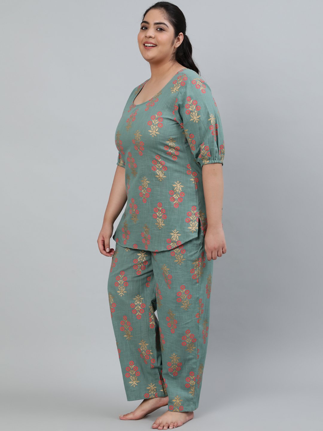 Plus Size Women Green Printed Night Suit With Half Sleeves