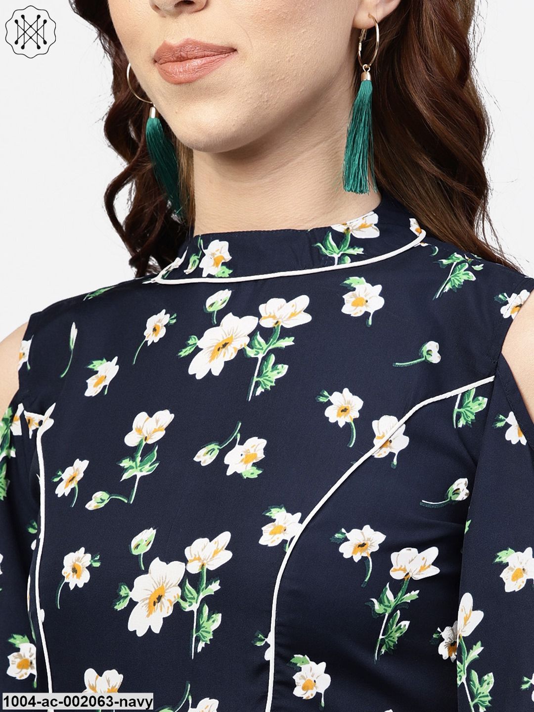 Navy Blue Printed Dress With Round Neck And Cold Shoulders Sleeves