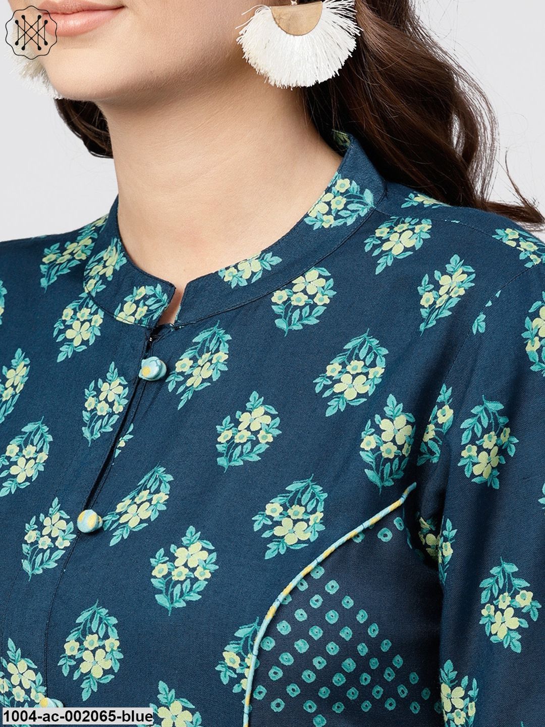 Blue Printed Panelled Cut A-Line Kurta With Printed Yoke And Front Placket