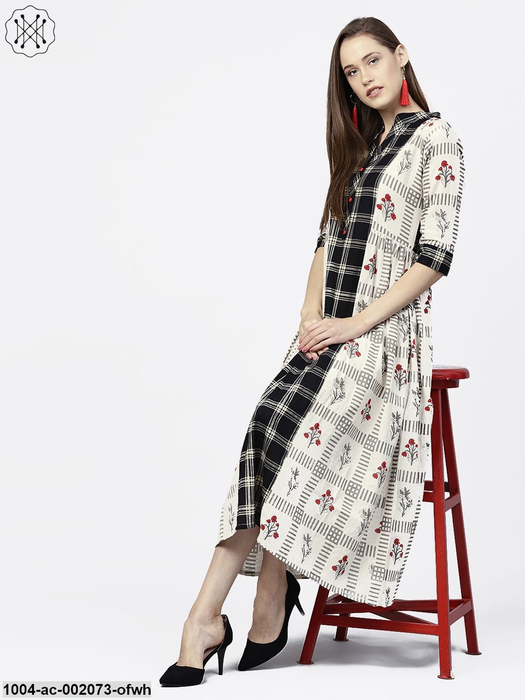 Off White Printed Half Sleeve A-Line Maxi Dress