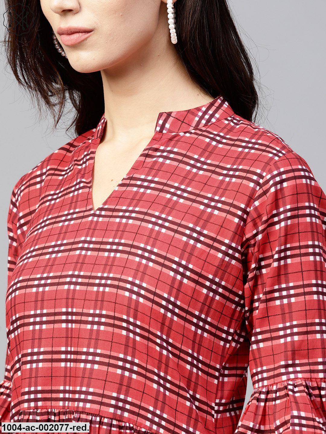 Red Checked Dress With Mandarin Collar And Flared Sleeves