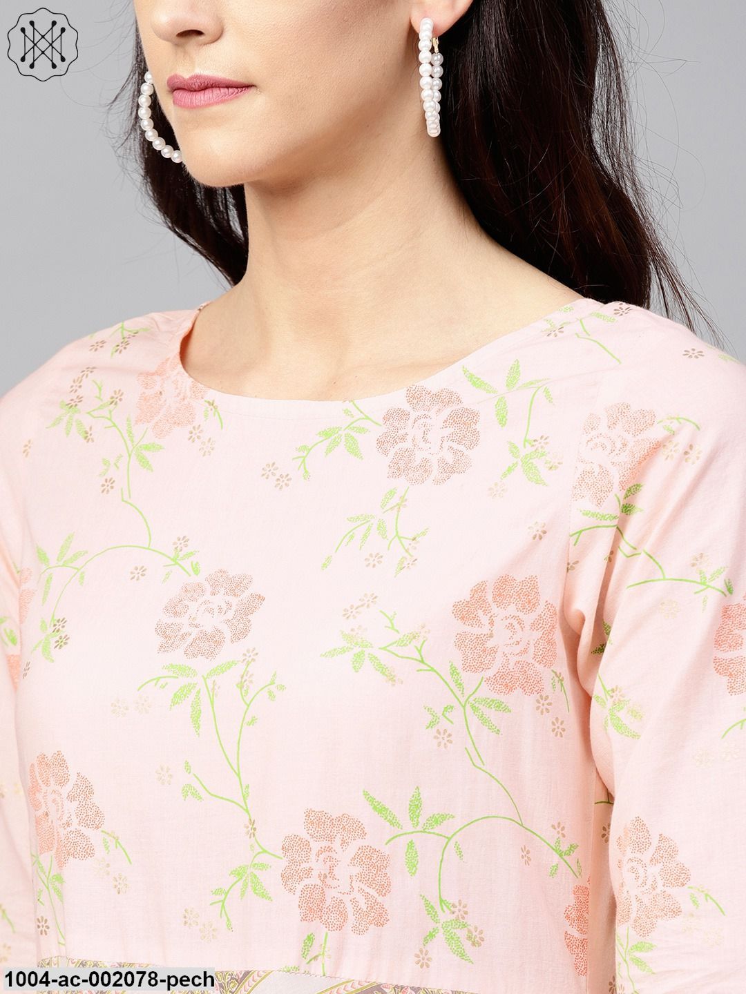 Multi Coloured Maxi Dress With Round Neck And 3/4 Sleeves