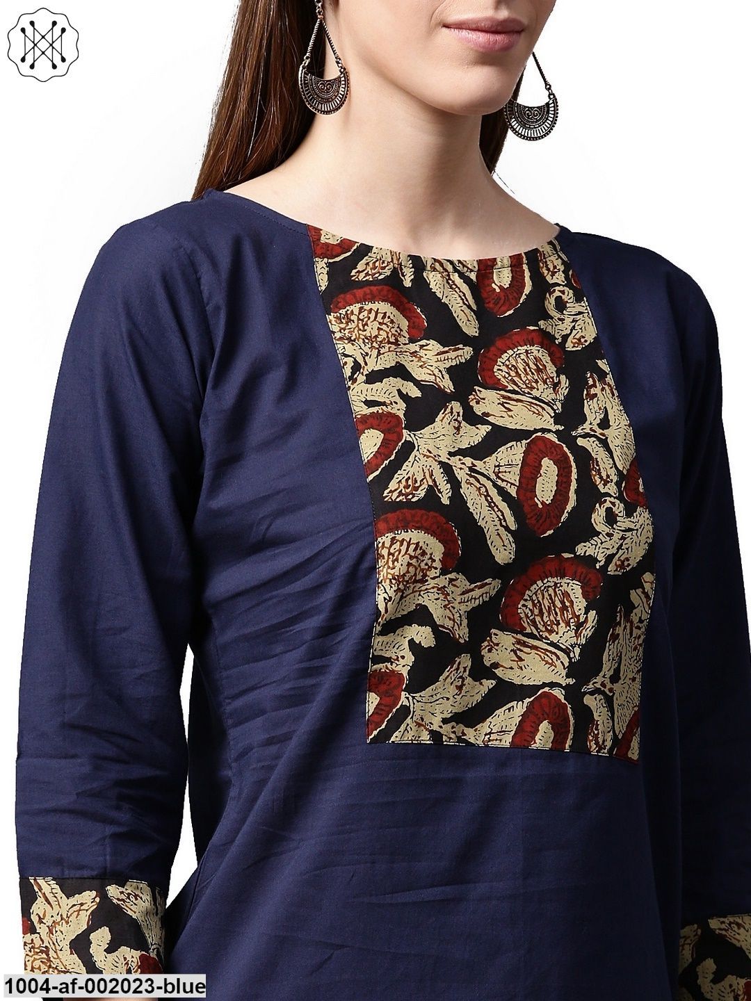 Blue Printed 3/4Th Sleeve Cotton Kurta With Maroon Skirt