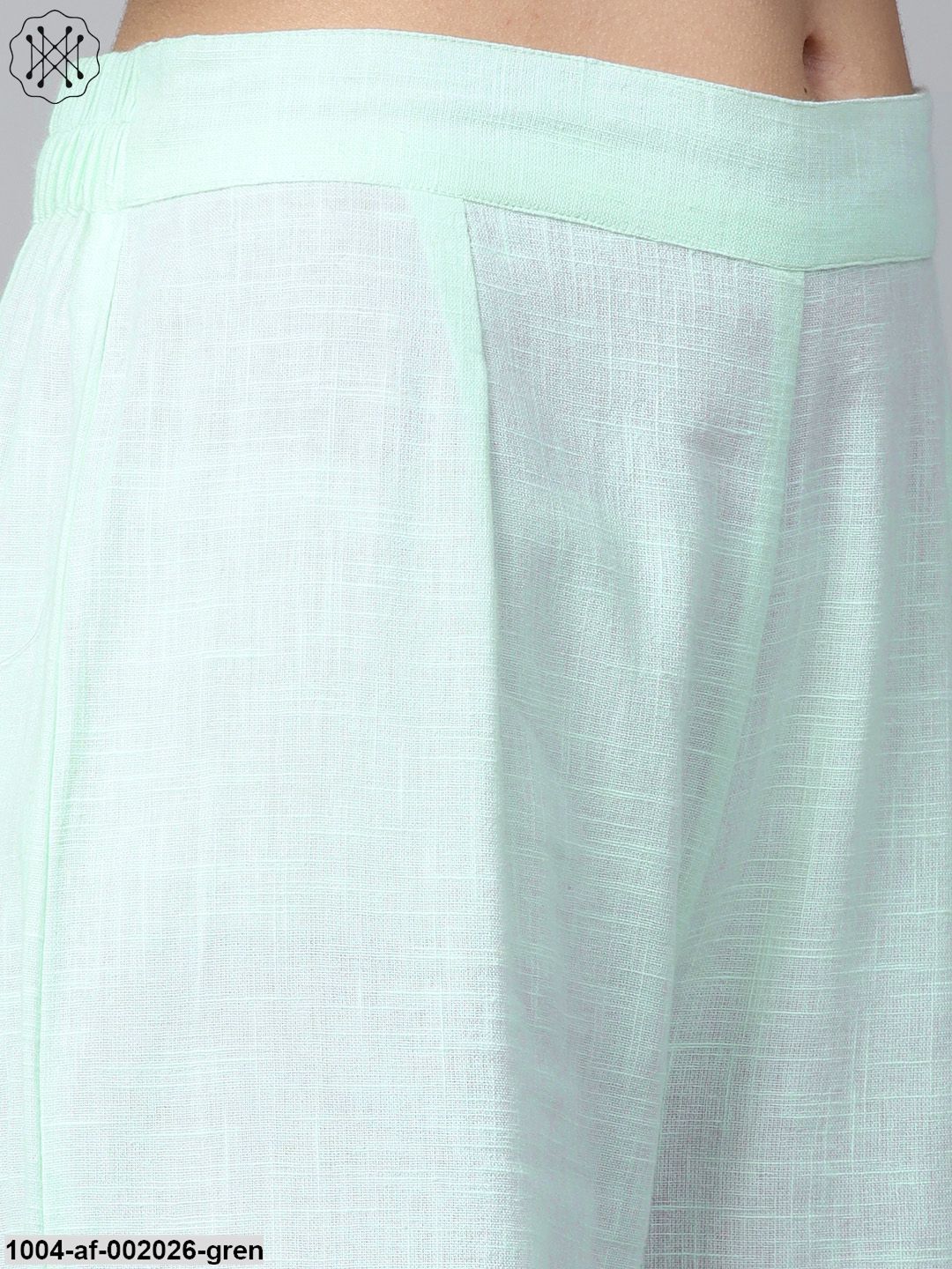 Pista Green 3/4Th Sleeve Cotton Block Printed A-Line Kurta With Flared Palazzos