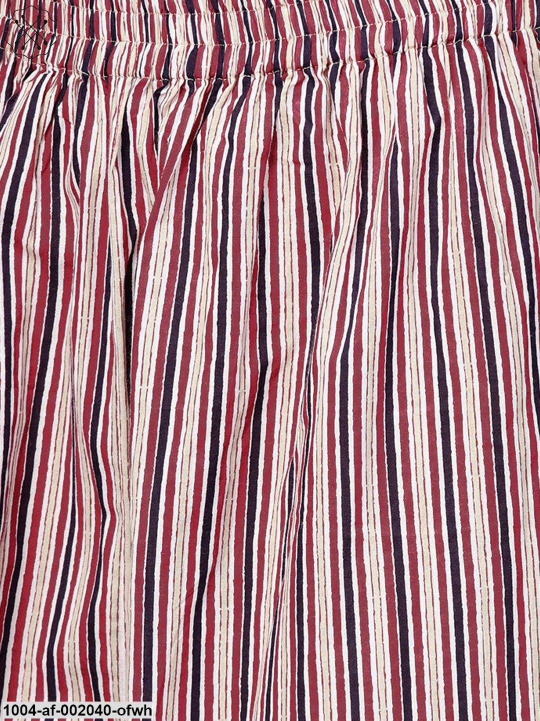 Off White Printed 3/4Th Sleeve Straight Kurta With Striped Regular Fit Palazzo