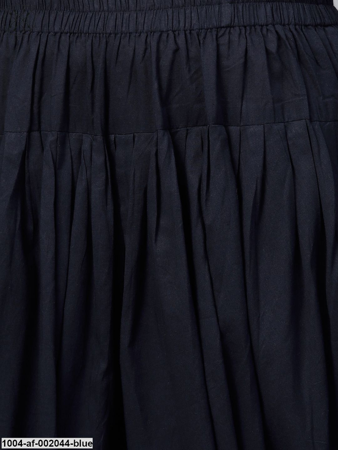 Blue Printed 3/4Th Sleeve A-Line Cotton Kurta With Solid Dye Dhoti Pant Set