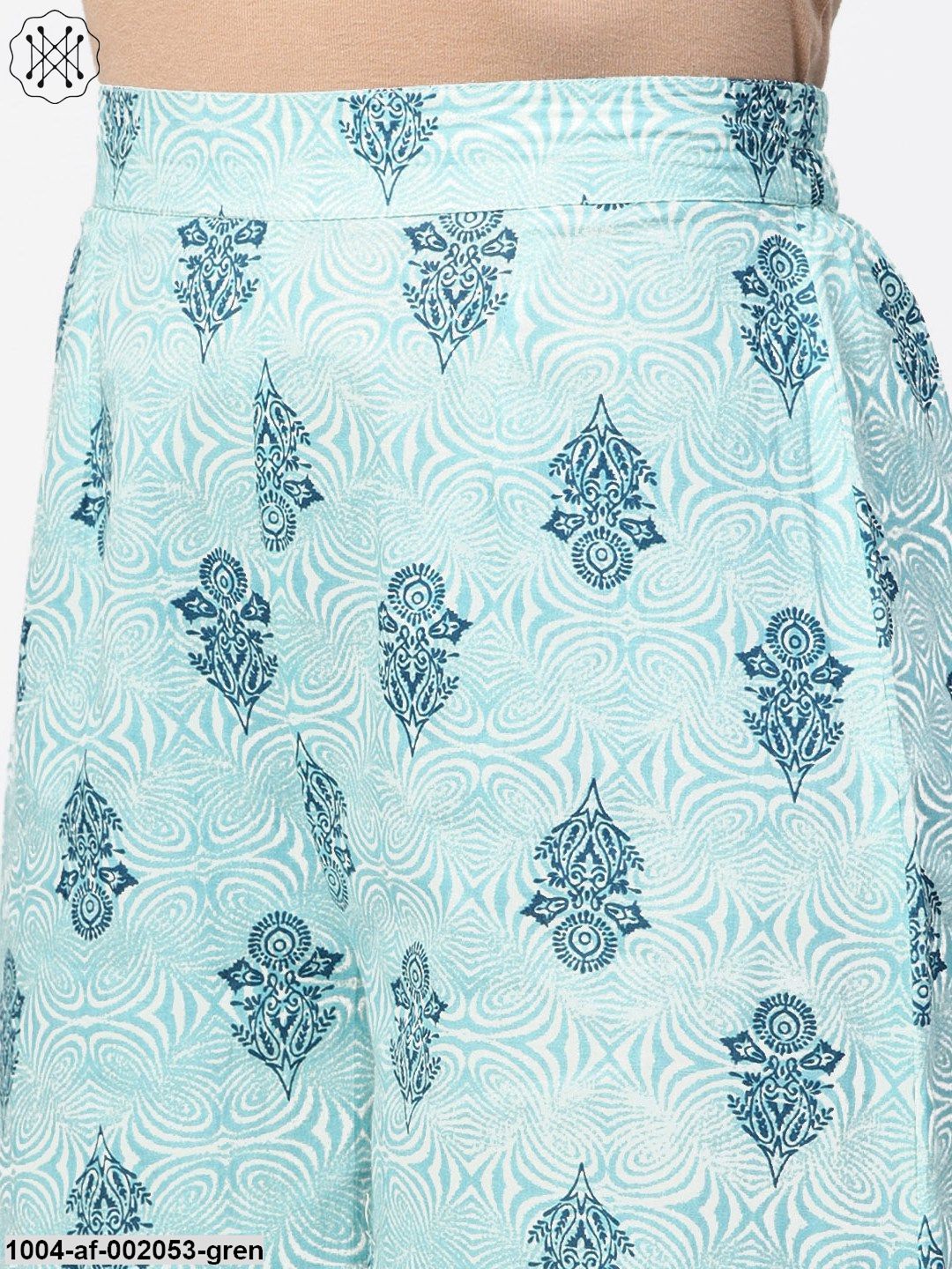 Green Printed 3/4Th Sleeve A-Line Cotton Kurta With Blue Printed Palazzos