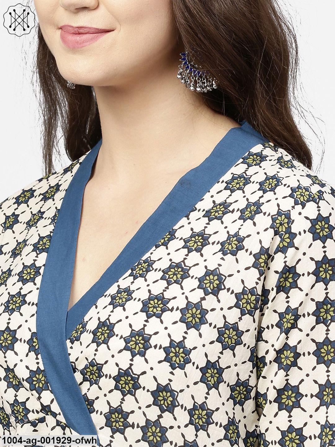 Off White 3/4Th Sleeve Angrakha Style Cotton A-Line Kurta