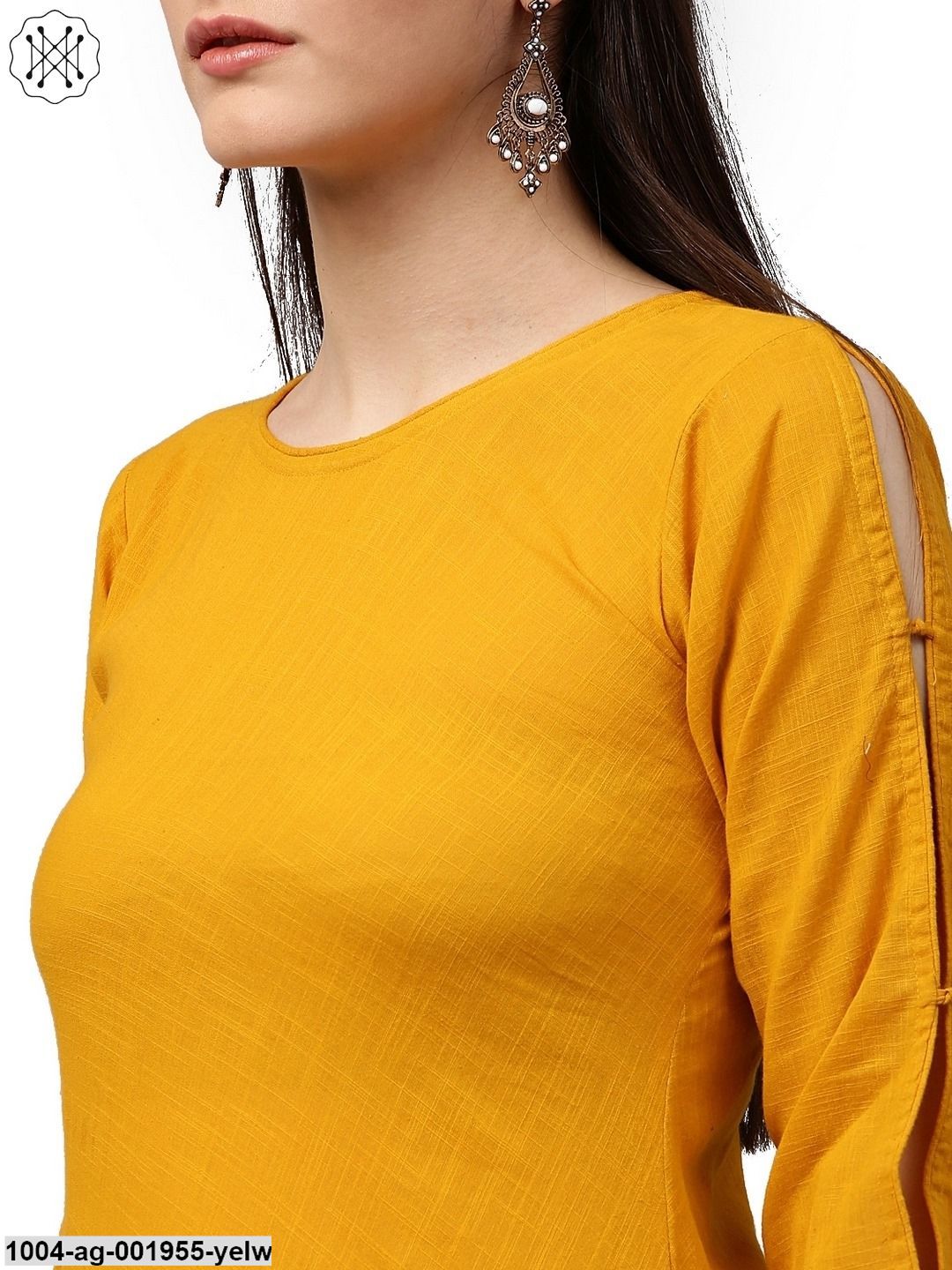 Yellow Block Printed 3/4Th Sleeve Cotton A-Line Kurta