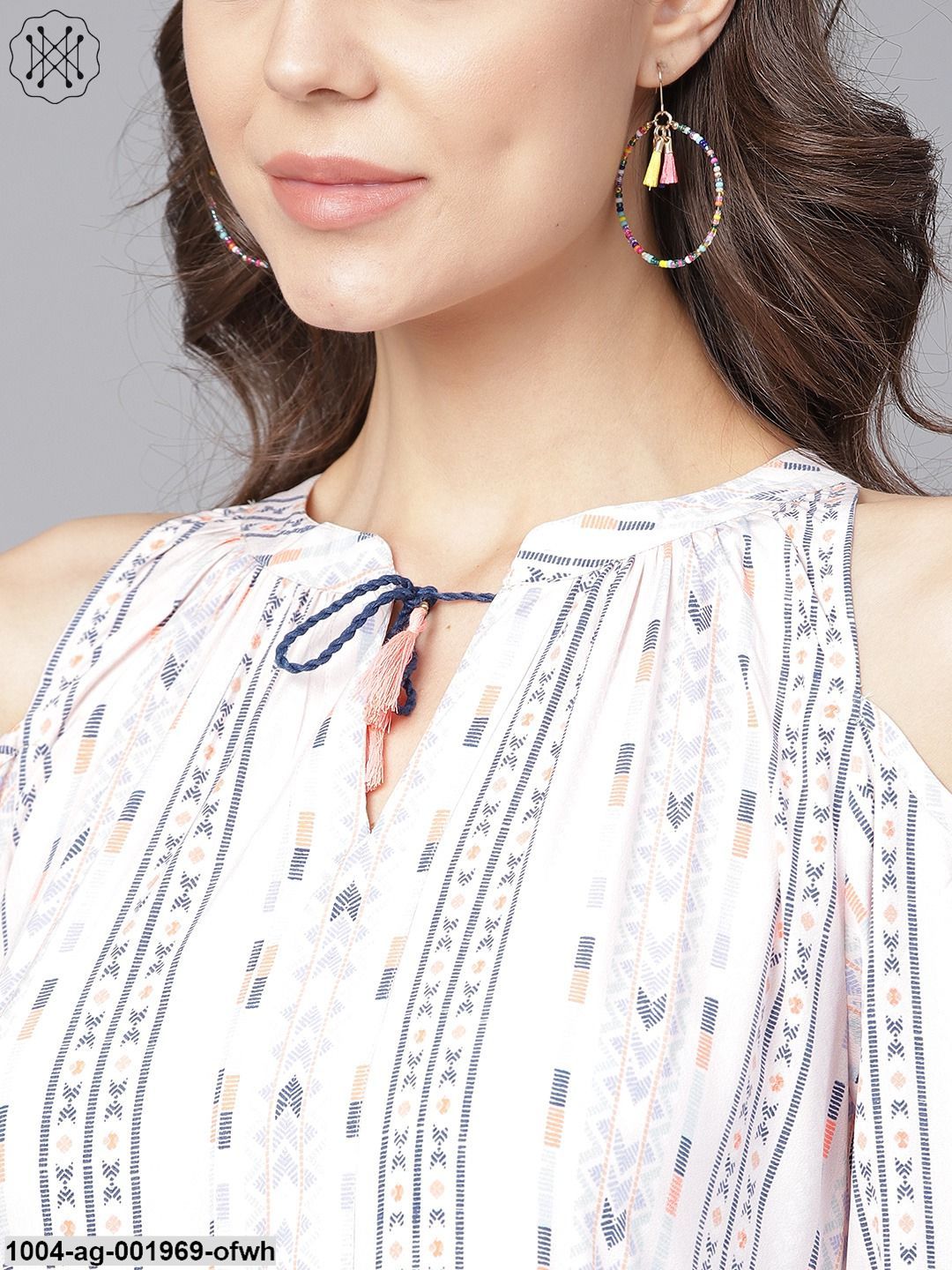Off White Printed 3/4Th Cold Shoulder Sleeve Tiered Anarkali Kurta