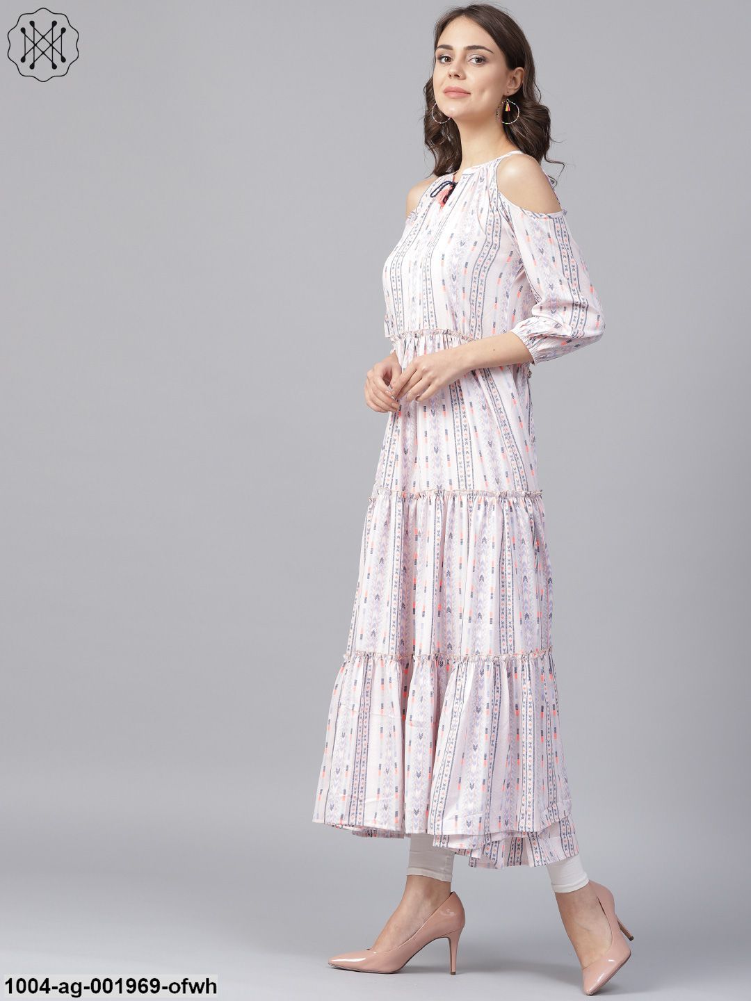 Off White Printed 3/4Th Cold Shoulder Sleeve Tiered Anarkali Kurta