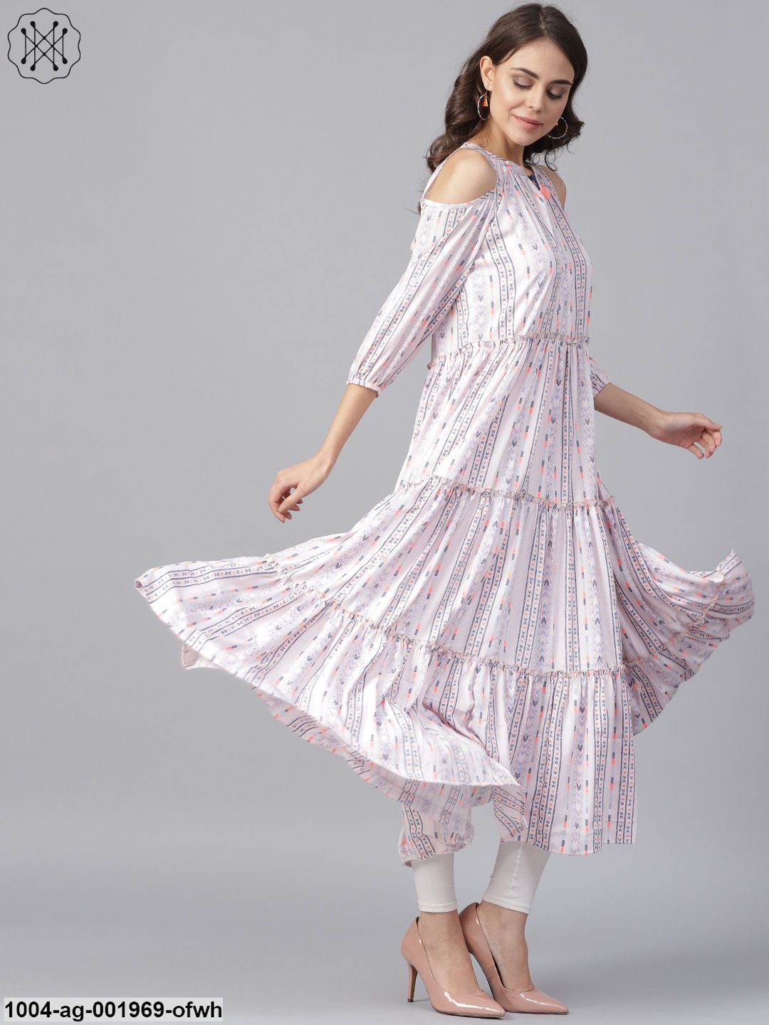 Off White Printed 3/4Th Cold Shoulder Sleeve Tiered Anarkali Kurta