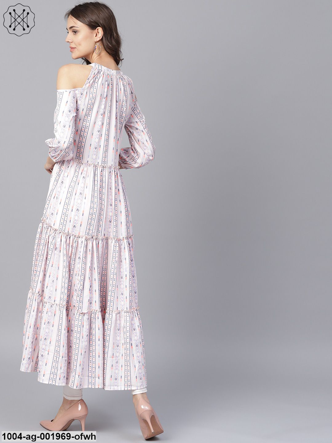 Off White Printed 3/4Th Cold Shoulder Sleeve Tiered Anarkali Kurta