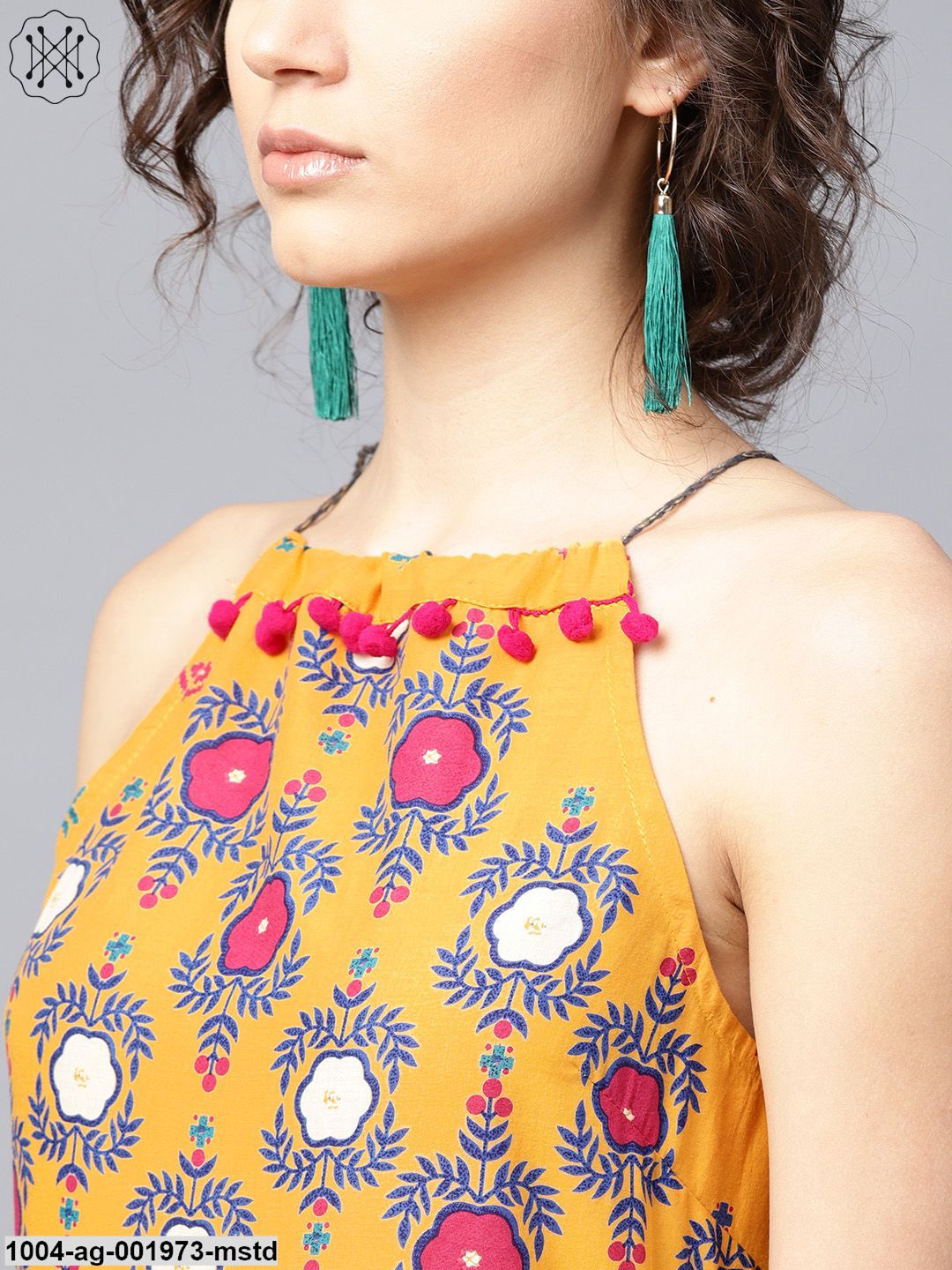 Mustard Printed Sleeveless Cotton Anarkali Kurta