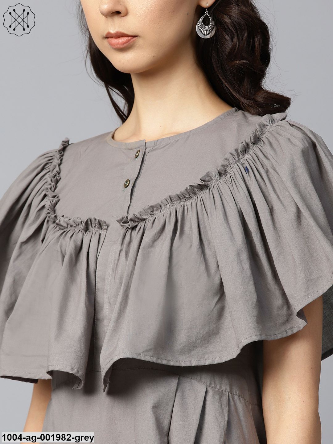Dark Grey Block Printed Sleeveless Poncho Style Cotton A-Line Kurta