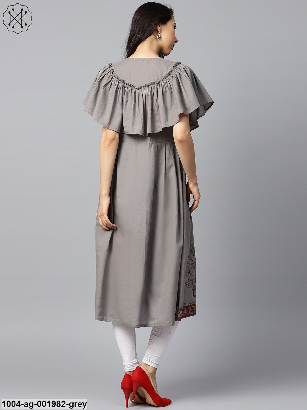 Dark Grey Block Printed Sleeveless Poncho Style Cotton A-Line Kurta