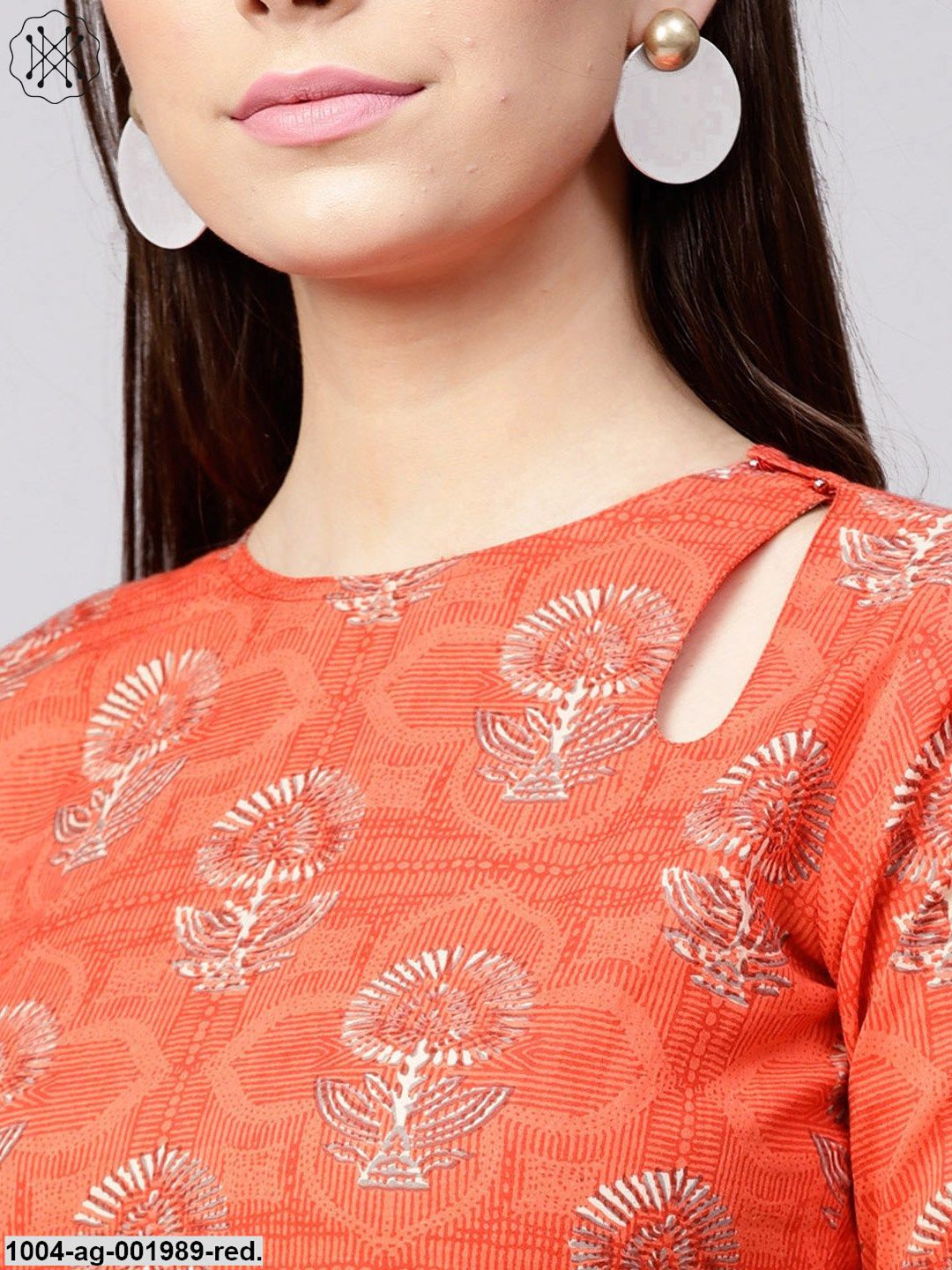 Red Printed 3/4Th Sleeve Cotton Anarkali Kurta