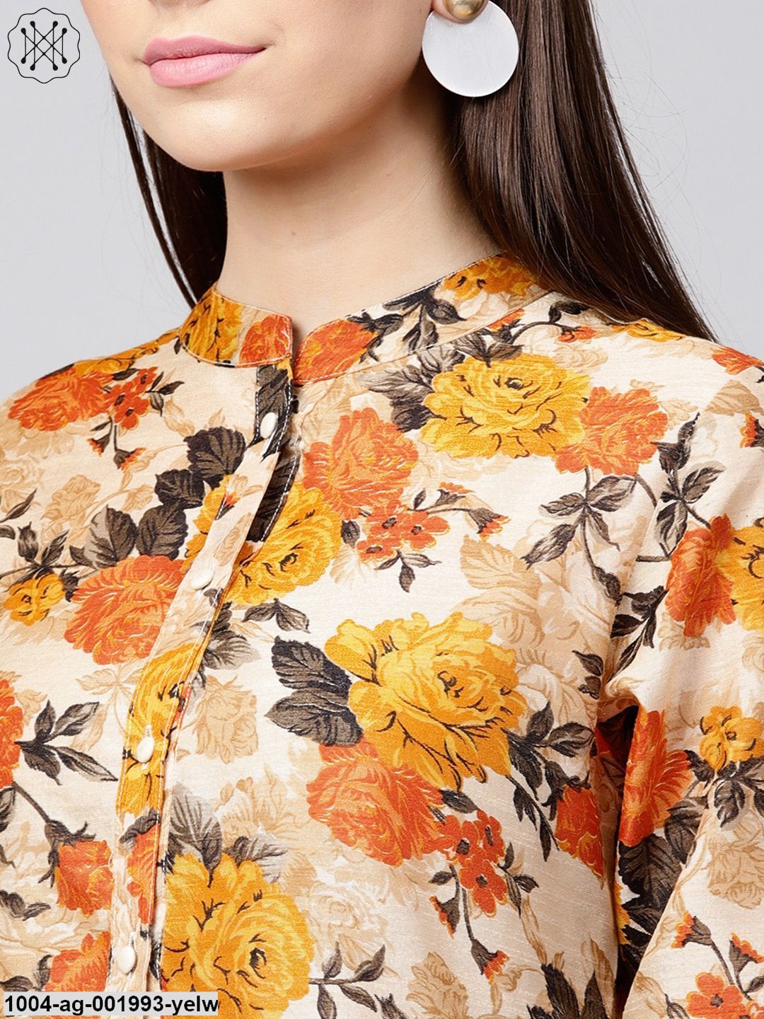 Yellow Flower Printed 3/4Th Sleeve Anarkali Kurta