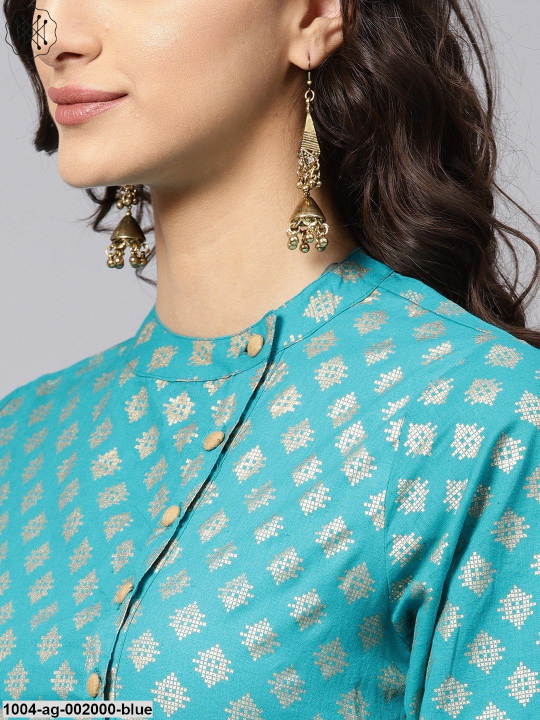 Sky Blue Half Sleeve Cotton Kurta With Tassel Work