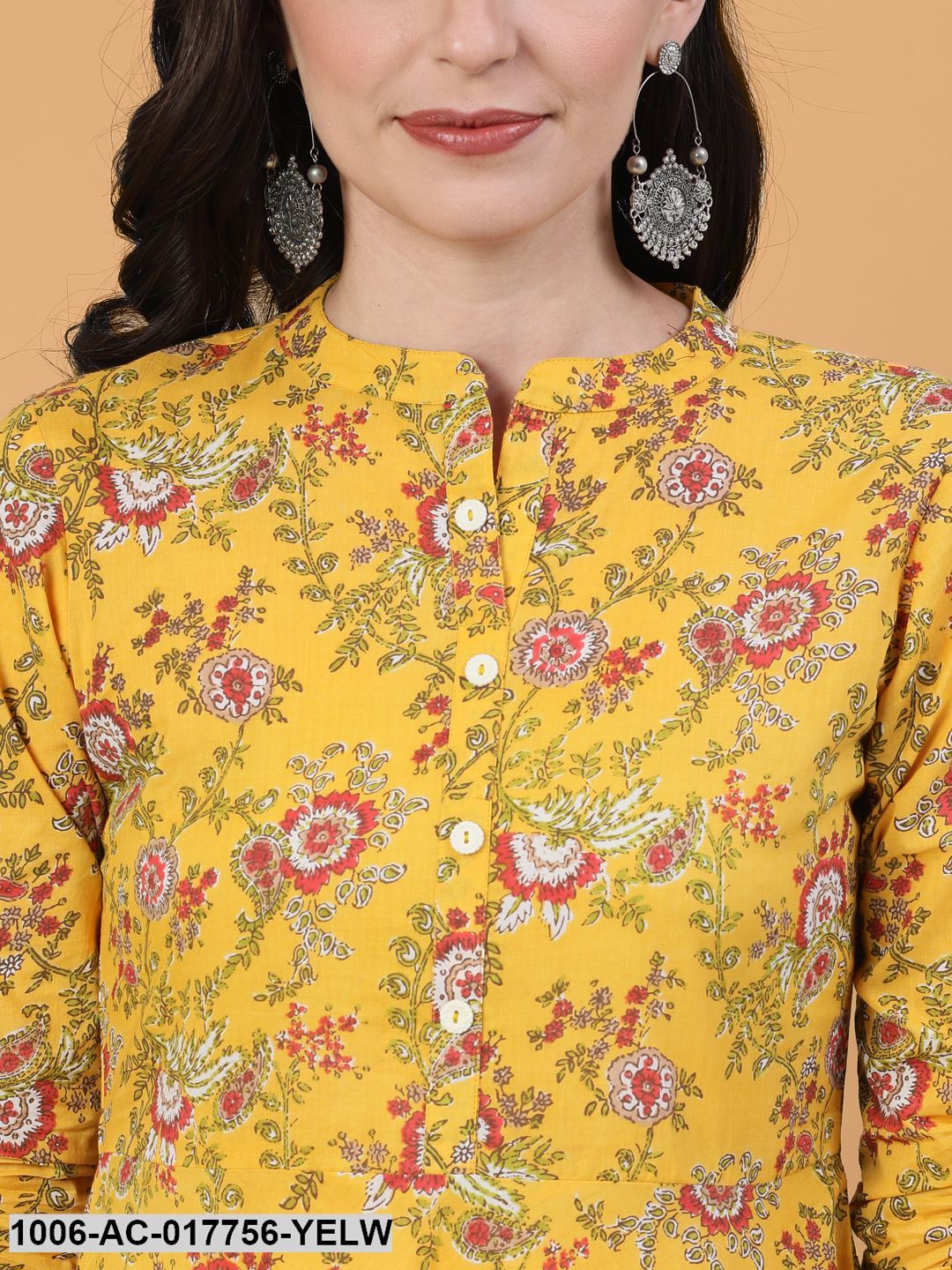 Printed Flared Calf Length 3/4 Sleeve Collor Neck Cotton Dress