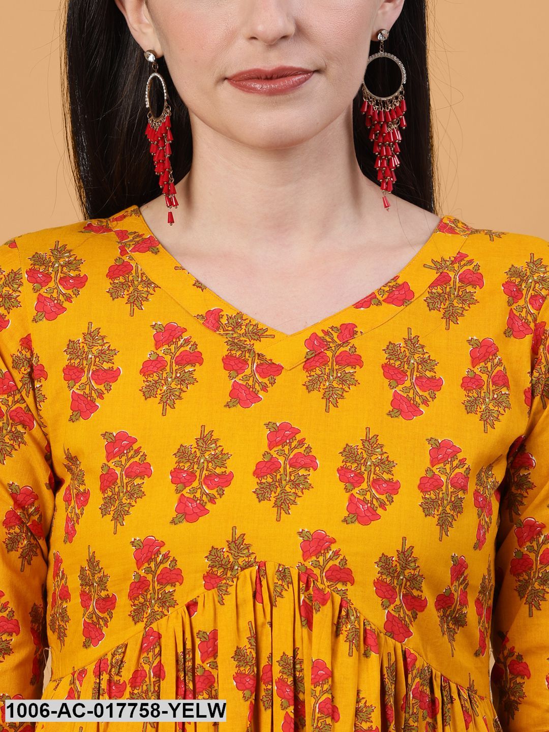 Printed Flared Calf Length 3/4 Sleeve Round Neck Cotton Dress