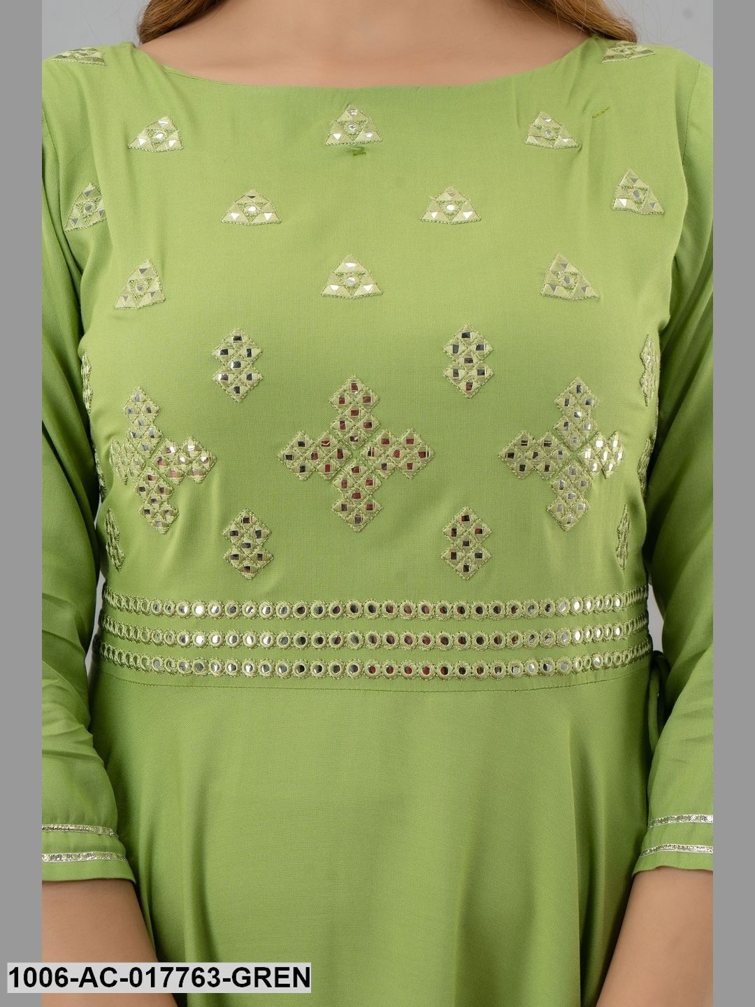 Mirror Work Flared Full Length 3/4 Sleeve Round Neck Rayon Dress