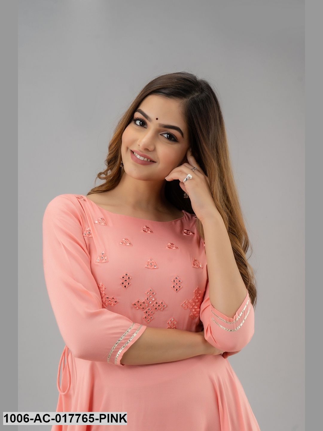 Mirror Work Flared Full Length 3/4 Sleeve Round Neck Rayon Dress