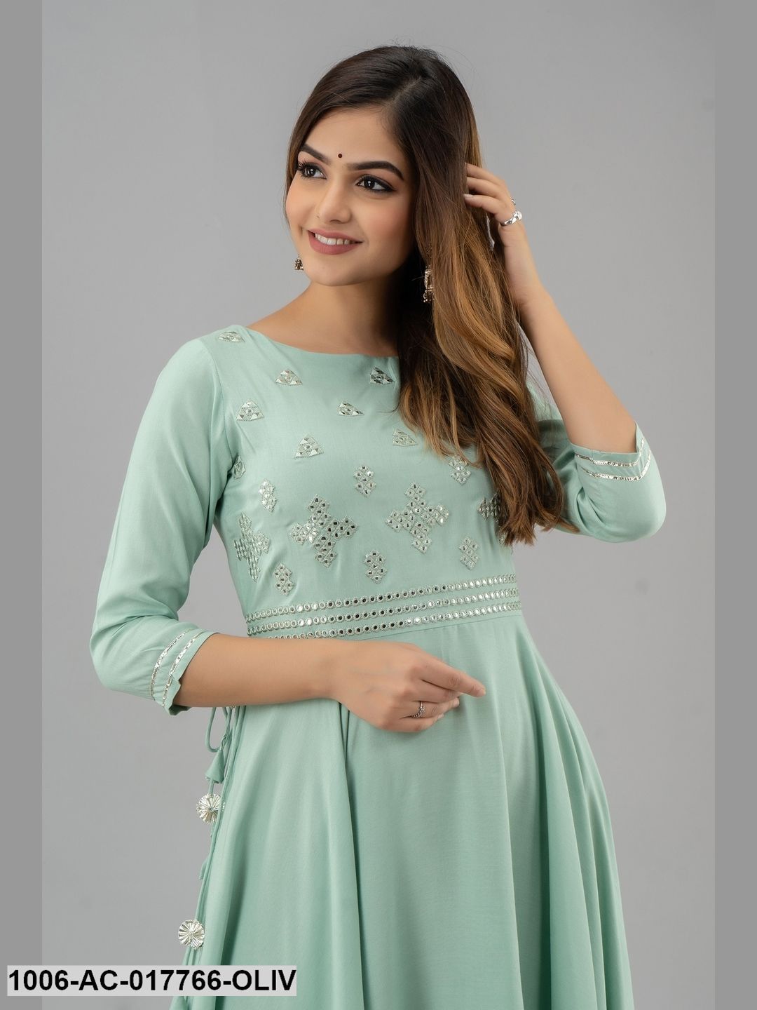 Mirror Work Flared Full Length 3/4 Sleeve Round Neck Rayon Dress