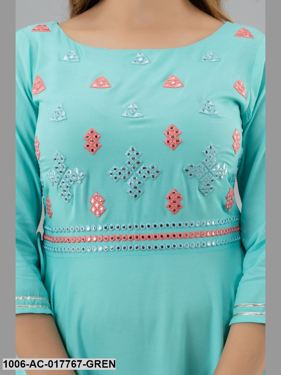 Mirror Work Flared Full Length 3/4 Sleeve Round Neck Rayon Dress