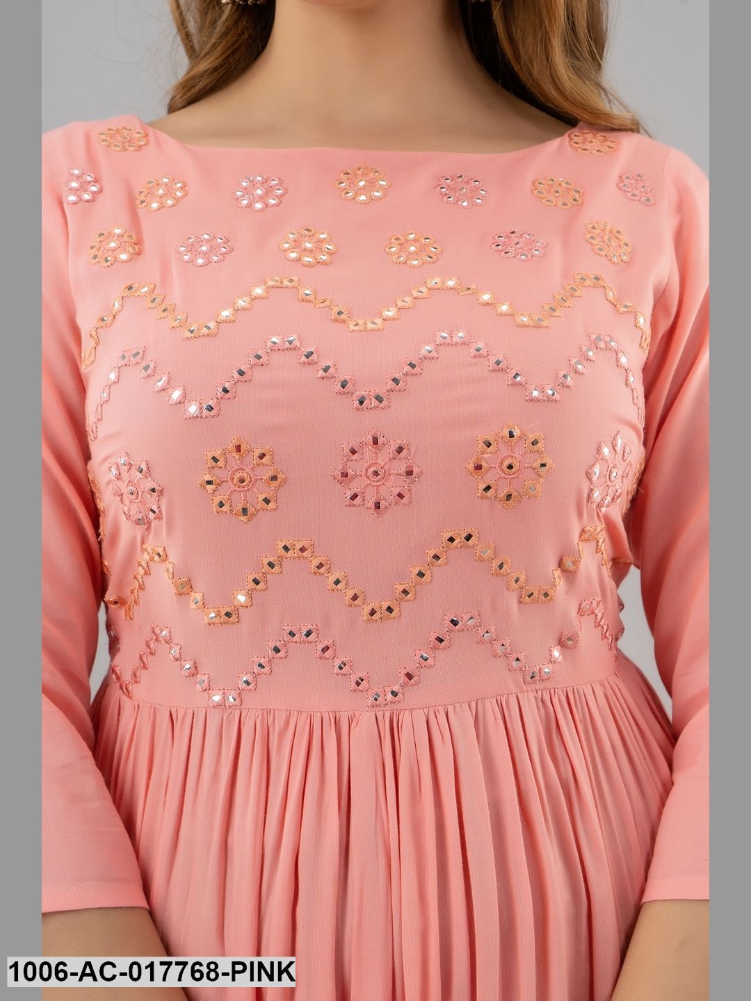 Mirror Work Flared Full Length 3/4 Sleeve Boat Neck Rayon Dress