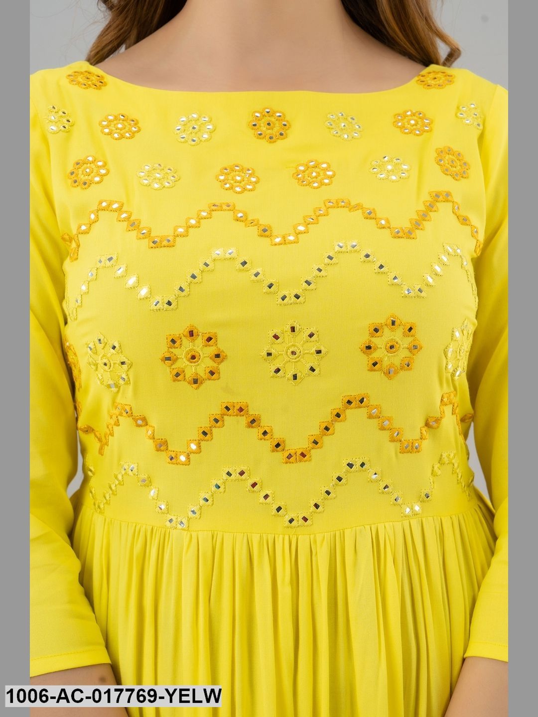 Mirror Work Flared Full Length 3/4 Sleeve Boat Neck Rayon Dress