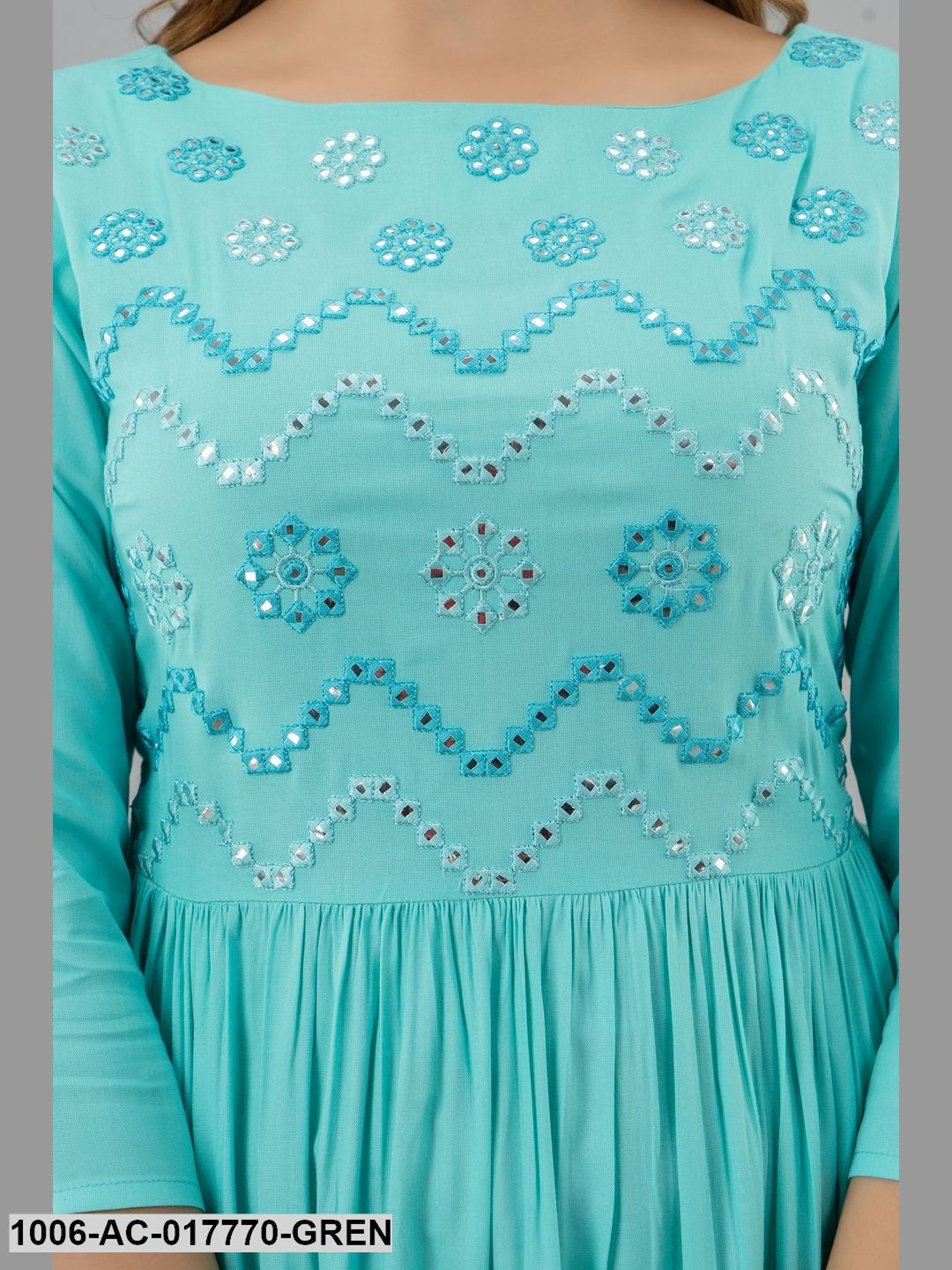 Mirror Work Flared Full Length 3/4 Sleeve Boat Neck Rayon Dress