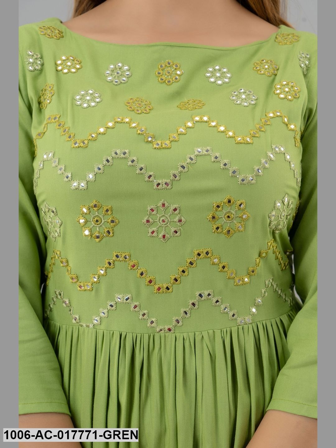 Mirror Work Flared Full Length 3/4 Sleeve Boat Neck Rayon Dress