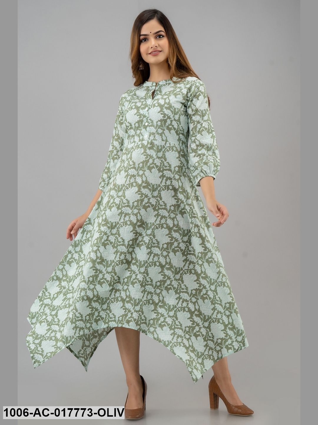 Printed Assymetrical Calf Length 3/4 Sleeve Collor Neck Cotton Dress