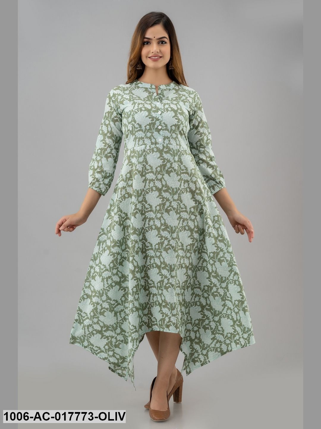Printed Assymetrical Calf Length 3/4 Sleeve Collor Neck Cotton Dress