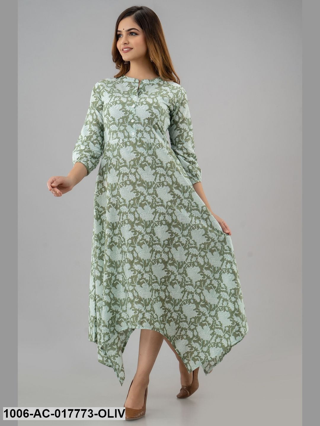 Printed Assymetrical Calf Length 3/4 Sleeve Collor Neck Cotton Dress