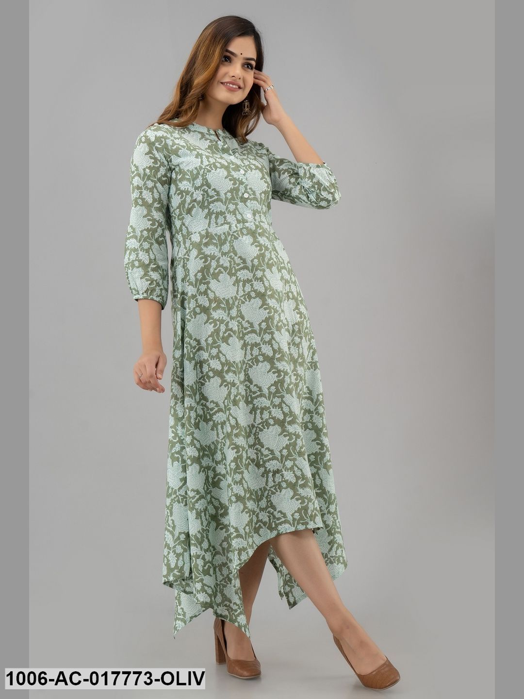 Printed Assymetrical Calf Length 3/4 Sleeve Collor Neck Cotton Dress