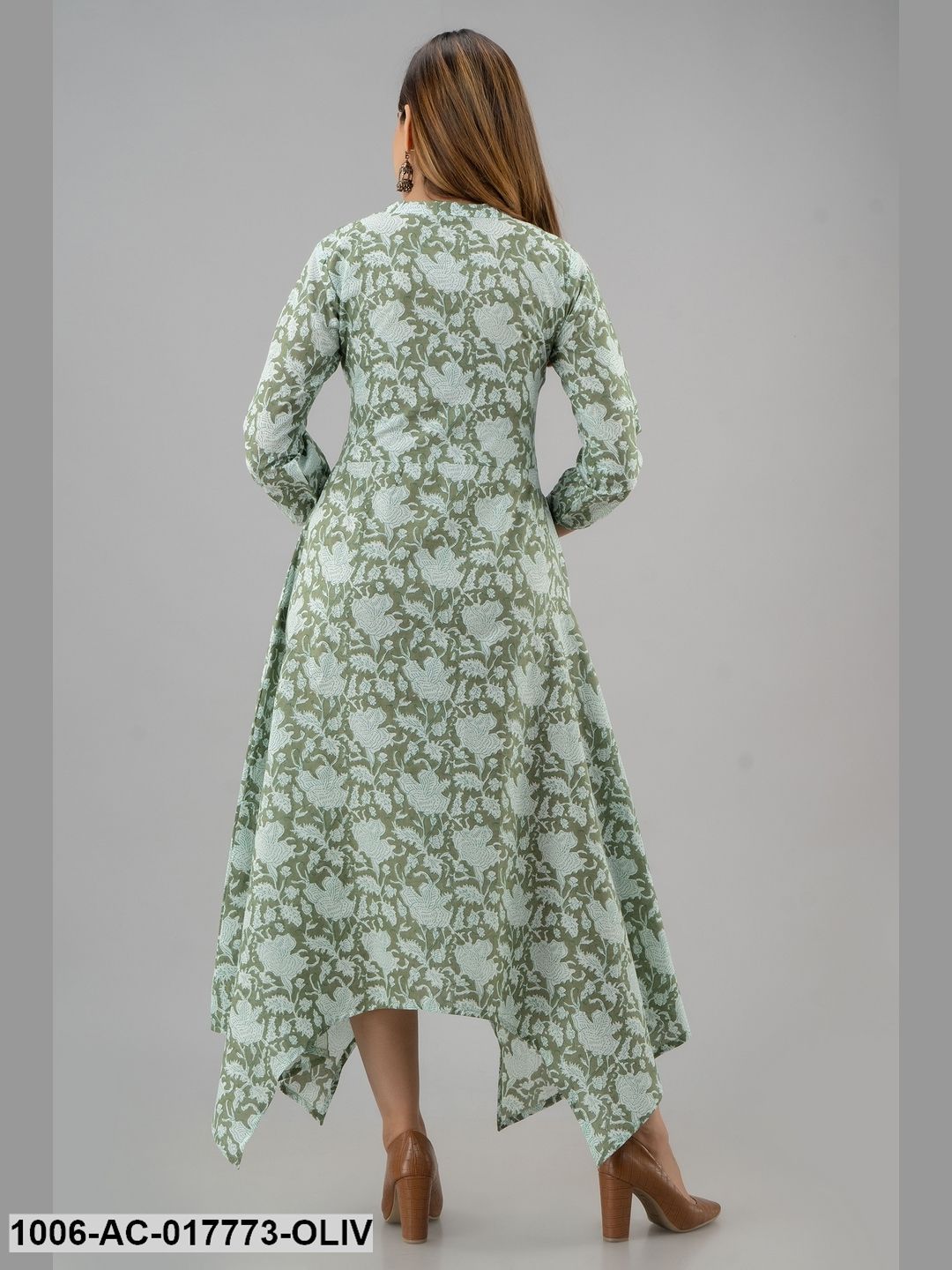 Printed Assymetrical Calf Length 3/4 Sleeve Collor Neck Cotton Dress