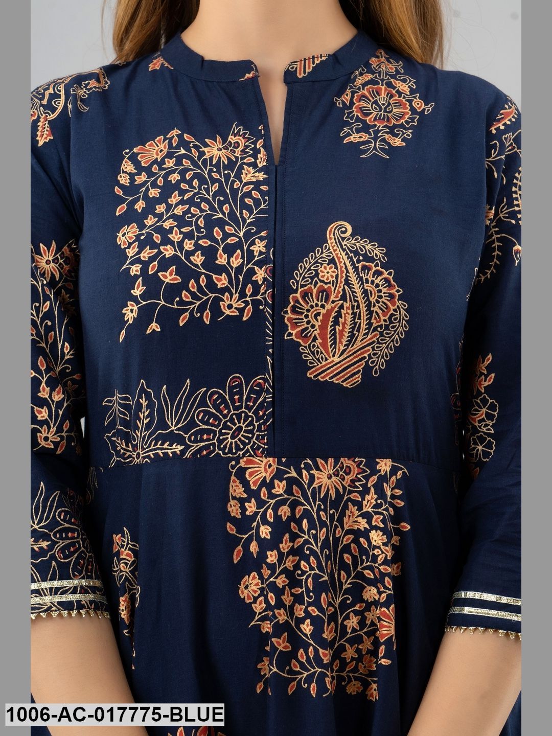 Printed Cotton 3/4 Sleeves Full Length Flared Dress