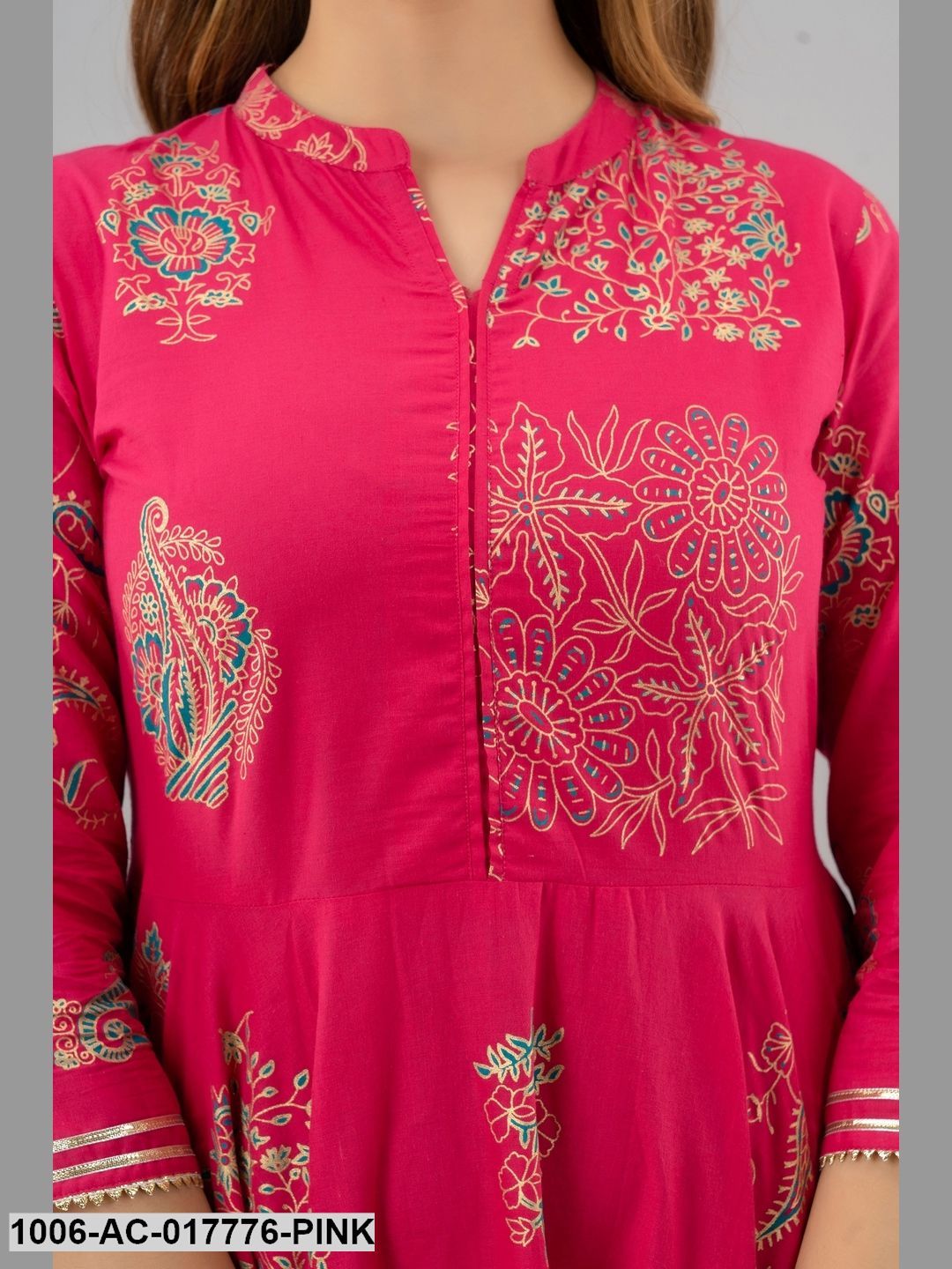 Printed Cotton 3/4 Sleeves Full Length Flared Dress