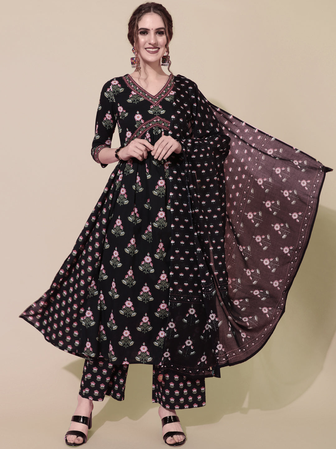 Cotton Calf Length Printed Semi-Flared 3/4 Sleeves V-Neck Kurta Bottom Dupatta Set