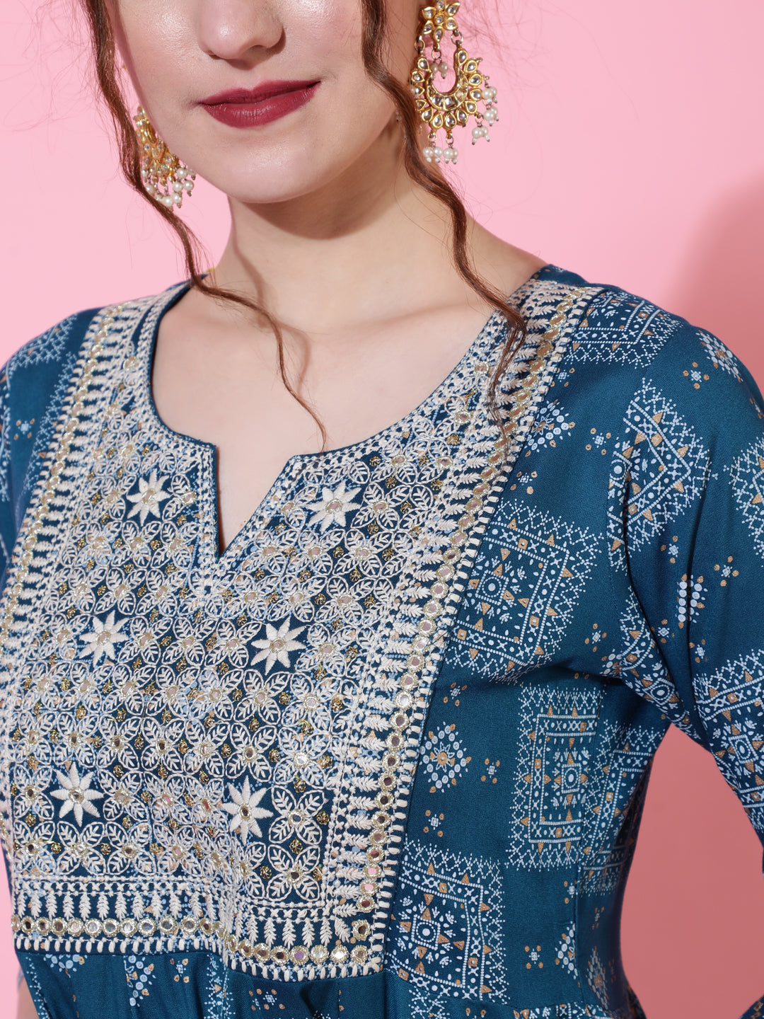 Rayon Calf Length Printed Flared 3/4 Sleeves Round Neck Kurta Bottom Dupatta Set