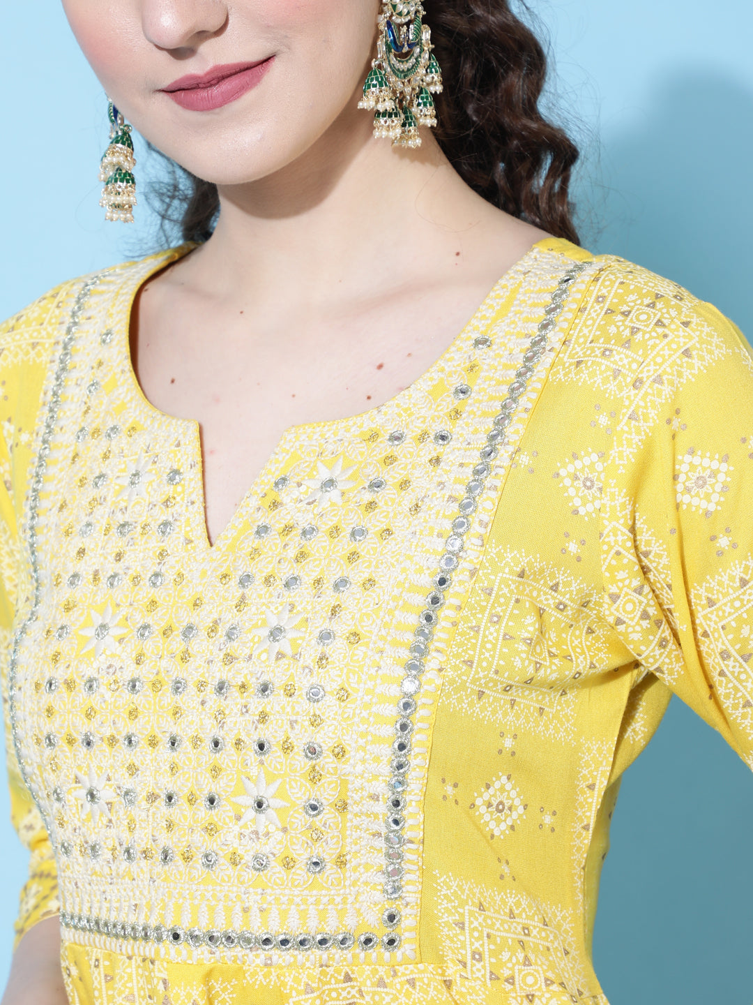 Rayon Calf Length Printed Flared 3/4 Sleeves Round Neck Kurta Bottom Dupatta Set