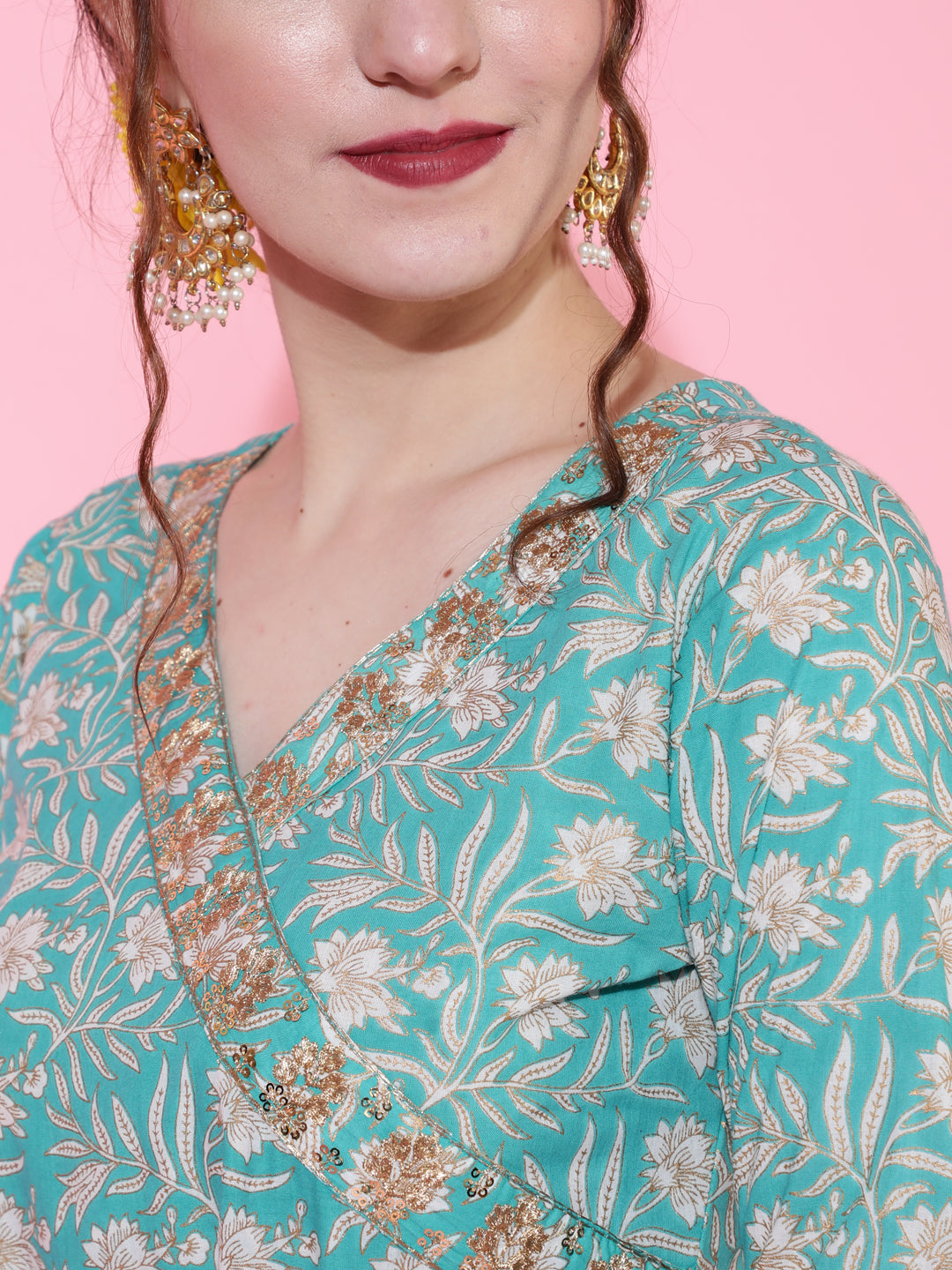 Cotton Calf Length Printed Flared 3/4 Sleeves V-Neck Kurta Bottom Dupatta Set