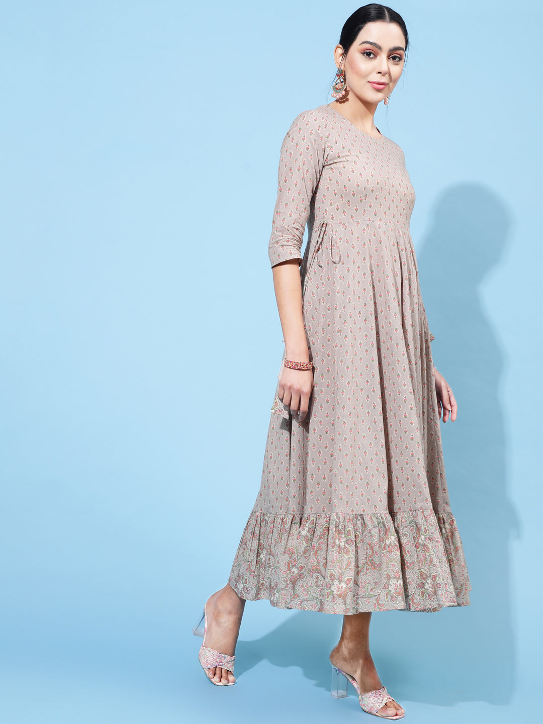 Cotton Calf Length Printed Flared 3/4 Sleeve Round Neck Kurta